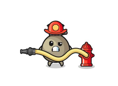 money sack cartoon as firefighter mascot with water hose , cute design
