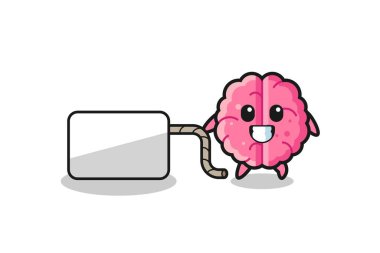 brain cartoon is pulling a banner , cute design