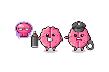 brain cartoon doing vandalism and caught by the police , cute design
