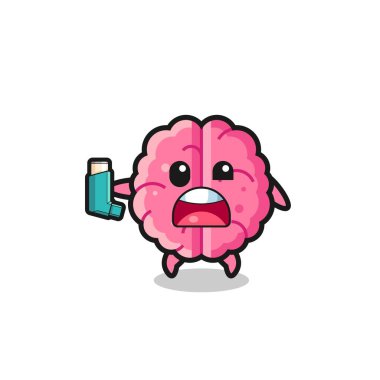 brain mascot having asthma while holding the inhaler , cute design