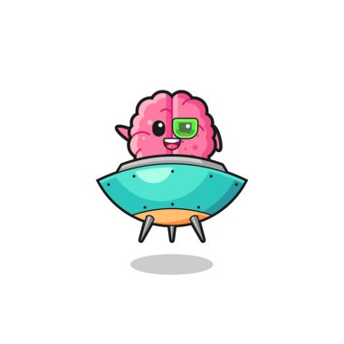 brain cartoon riding a future spaceship , cute design