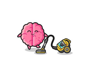cute brain holding vacuum cleaner illustration , cute design