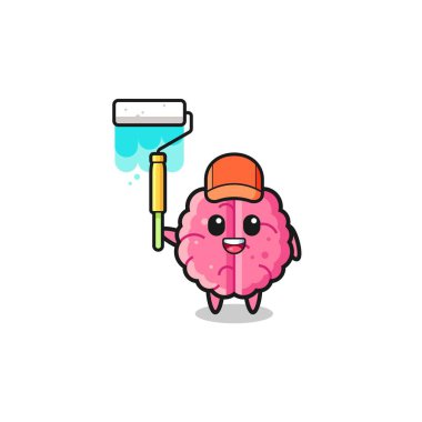 the brain painter mascot with a paint roller , cute design