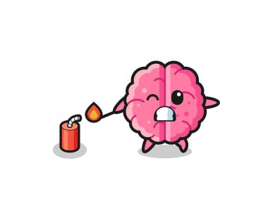 brain mascot illustration playing firecracker , cute design