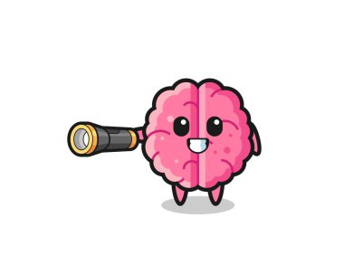 brain mascot holding flashlight , cute design