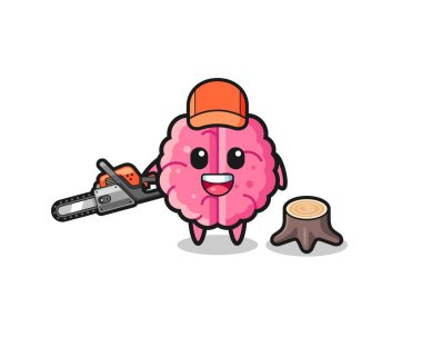 brain lumberjack character holding a chainsaw , cute design