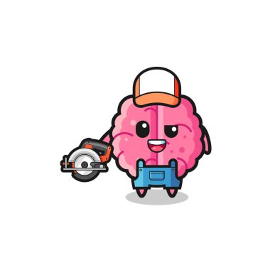 the woodworker brain mascot holding a circular saw , cute design