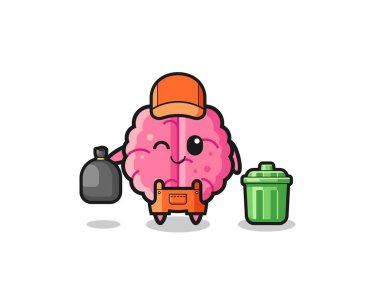the mascot of cute brain as garbage collector , cute design