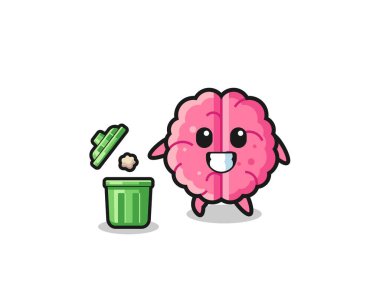 illustration of the brain throwing garbage in the trash can , cute design