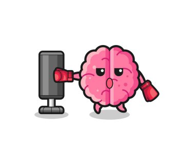 brain boxer cartoon doing training with punching bag , cute design