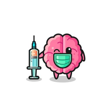 brain mascot as vaccinator , cute design