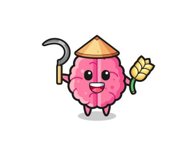 brain Asian farmer holding paddy , cute design