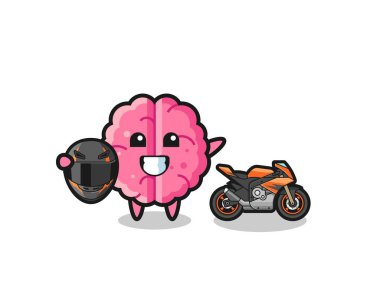 cute brain cartoon as a motorcycle racer , cute design