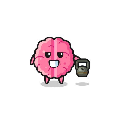 brain mascot lifting kettlebell in the gym , cute design
