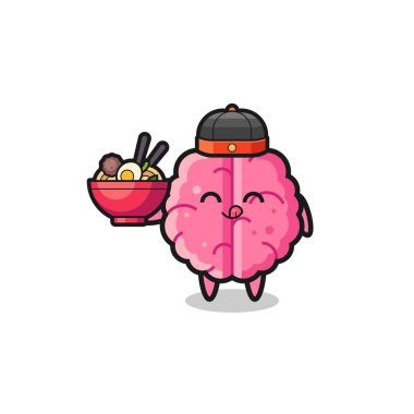 brain as Chinese chef mascot holding a noodle bowl , cute design