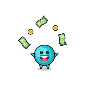 illustration of the exercise ball catching money falling from the sky , cute design