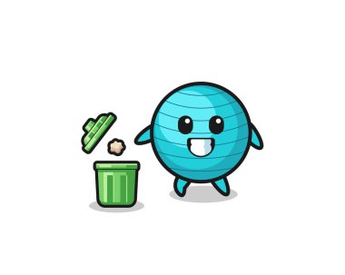 illustration of the exercise ball throwing garbage in the trash can , cute design