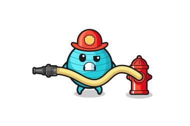 exercise ball cartoon as firefighter mascot with water hose , cute design