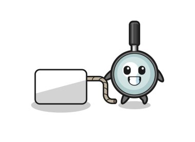 magnifying glass cartoon is pulling a banner , cute design