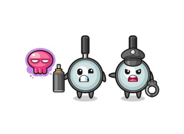 magnifying glass cartoon doing vandalism and caught by the police , cute design