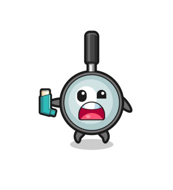 magnifying glass mascot having asthma while holding the inhaler , cute design