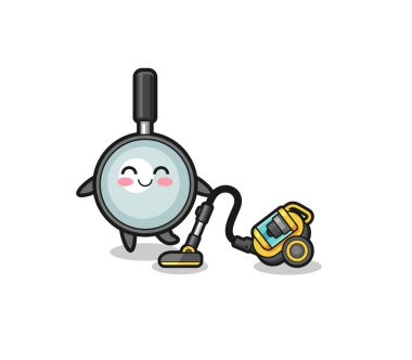 cute magnifying glass holding vacuum cleaner illustration , cute design