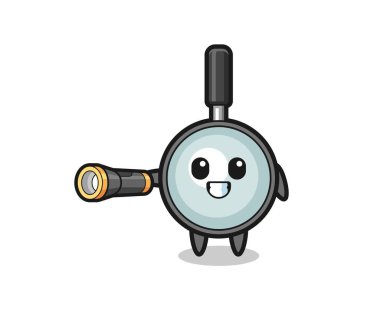 magnifying glass mascot holding flashlight , cute design