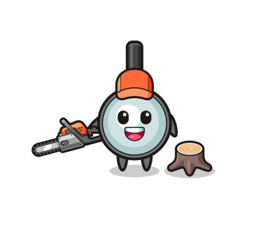 magnifying glass lumberjack character holding a chainsaw , cute design