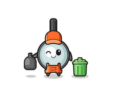 the mascot of cute magnifying glass as garbage collector , cute design