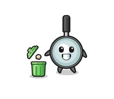 illustration of the magnifying glass throwing garbage in the trash can , cute design