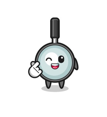 magnifying glass character doing Korean finger heart , cute design