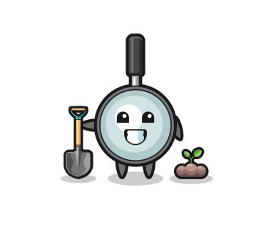 cute magnifying glass cartoon is planting a tree seed , cute design