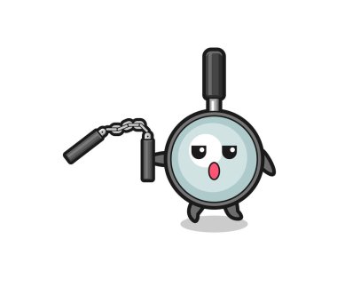 cartoon of magnifying glass using nunchaku , cute design