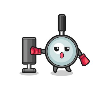 magnifying glass boxer cartoon doing training with punching bag , cute design