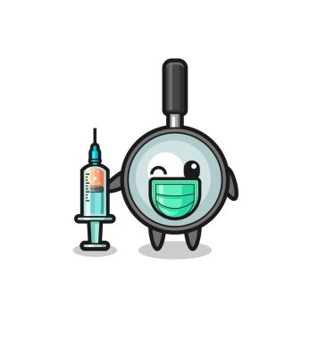 magnifying glass mascot as vaccinator , cute design