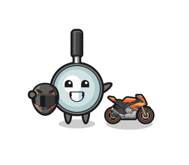 cute magnifying glass cartoon as a motorcycle racer , cute design