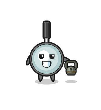 magnifying glass mascot lifting kettlebell in the gym , cute design