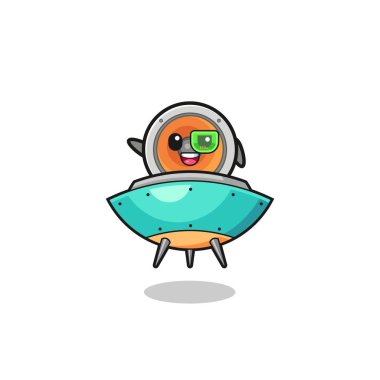 loudspeaker cartoon riding a future spaceship , cute design
