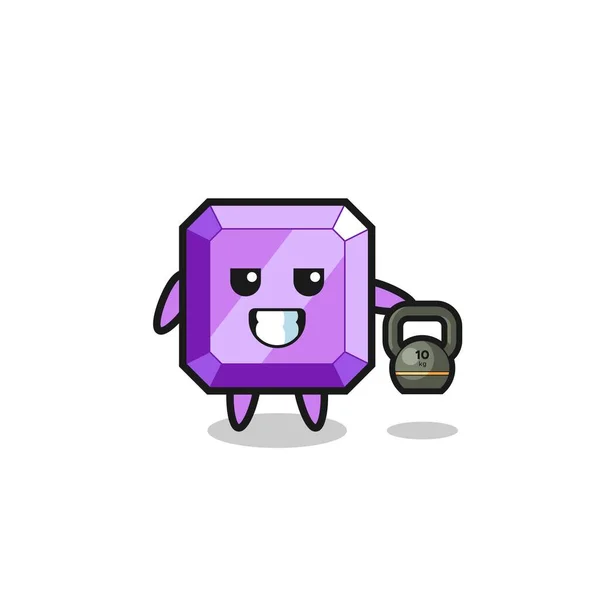 Purple Gemstone Mascot Lifting Kettlebell Gym Cute Design — стоковый вектор