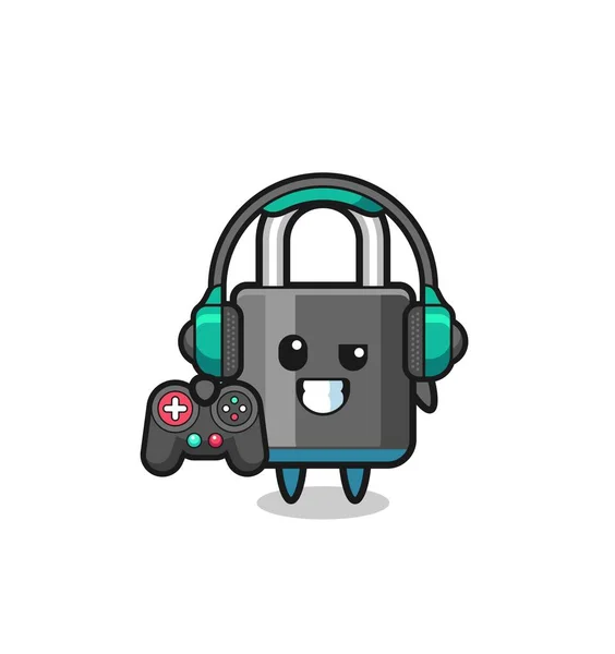 Padlock Gamer Mascot Holding Game Controller Cute Design — стоковый вектор