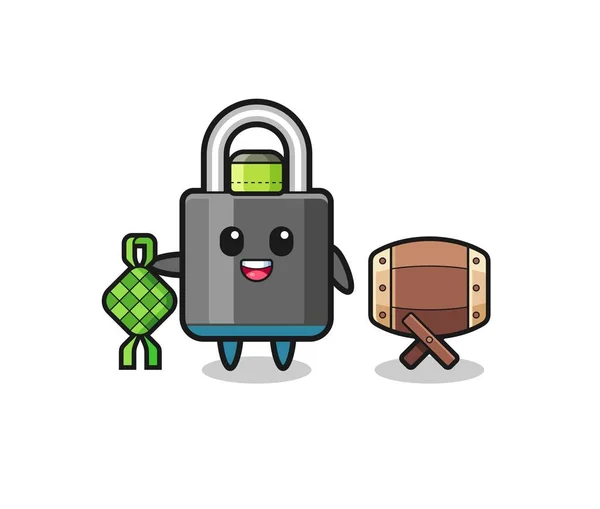 Padlock Muslim Character Celebrating Eid Fitr Cute Design — Wektor stockowy