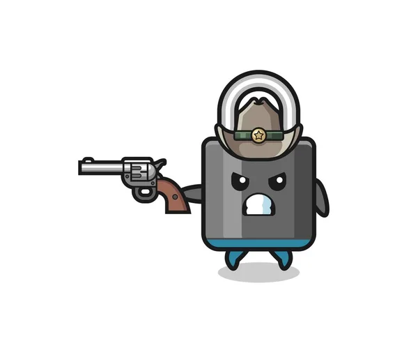 Padlock Cowboy Shooting Gun Cute Design — Vetor de Stock