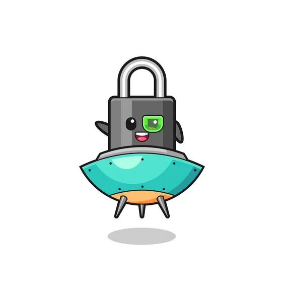 Padlock Cartoon Riding Future Spaceship Cute Design — Vettoriale Stock