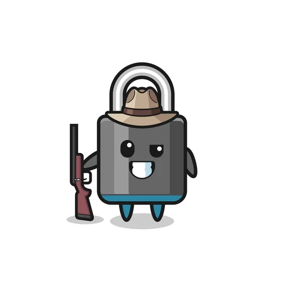 Padlock Hunter Mascot Holding Gun Cute Design — Stok Vektör