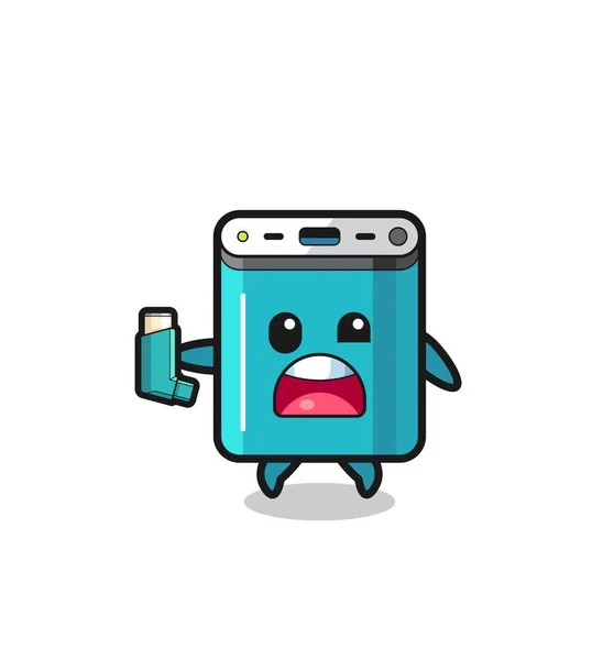 Power Bank Mascot Having Asthma While Holding Inhaler Cute Design — Stockvector