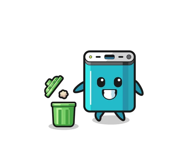 Illustration Power Bank Throwing Garbage Trash Can Cute Design — стоковый вектор