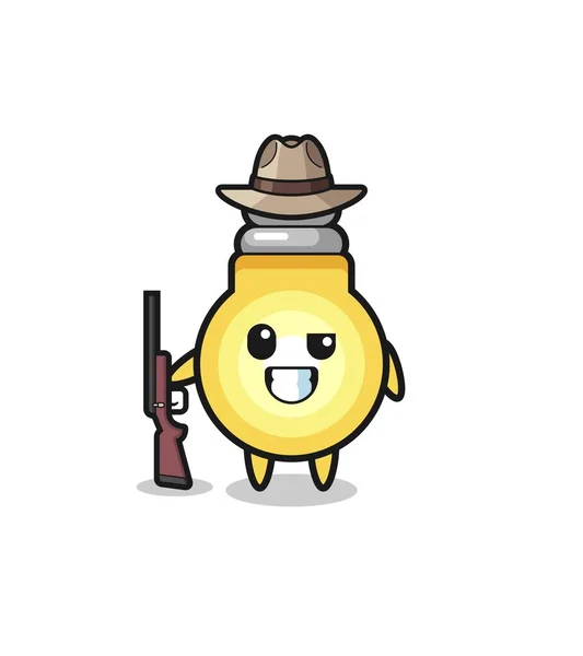 Light Bulb Hunter Mascot Holding Gun Cute Design — Wektor stockowy