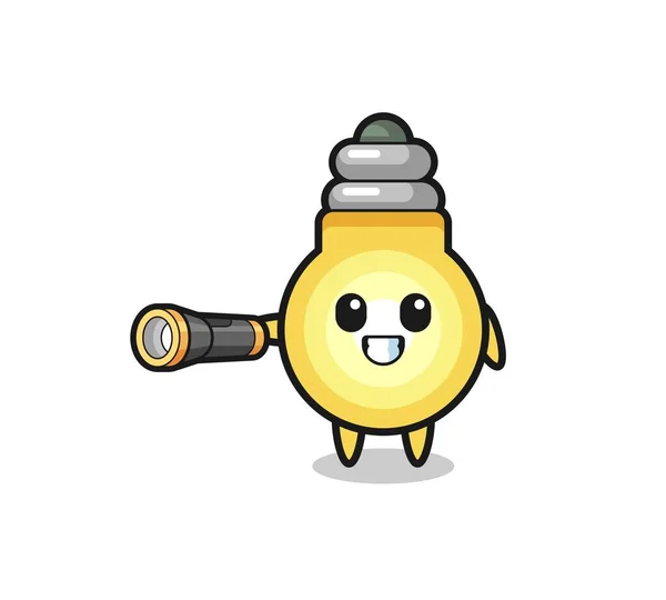 Light Bulb Mascot Holding Flashlight Cute Design — Vetor de Stock