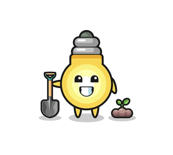 Cute Light Bulb Cartoon Planting Tree Seed Cute Design — стоковый вектор