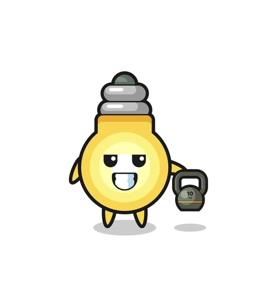 Light Bulb Mascot Lifting Kettlebell Gym Cute Design — стоковый вектор